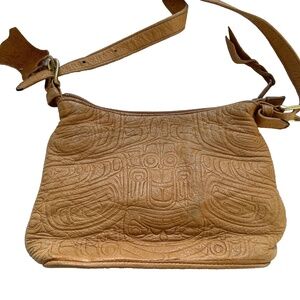 Brama Leather Bag Small Shoulder Tan Native Art Zip Closure Genuine DeerSkin